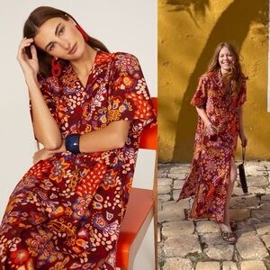 La DoubleJ Dress Bowling Floral Orange Relaxed Maxi Shirtdress Taranta XS GUC